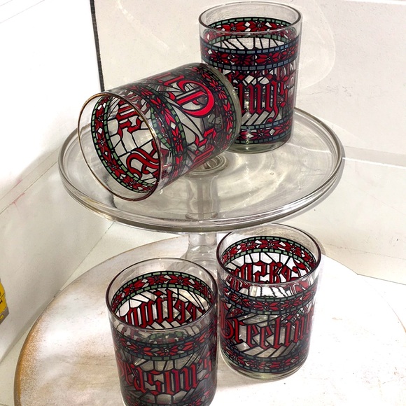 Vintage Houze Christmas stained glass tumblers Seasons Greetings (set 4) - Picture 1 of 9